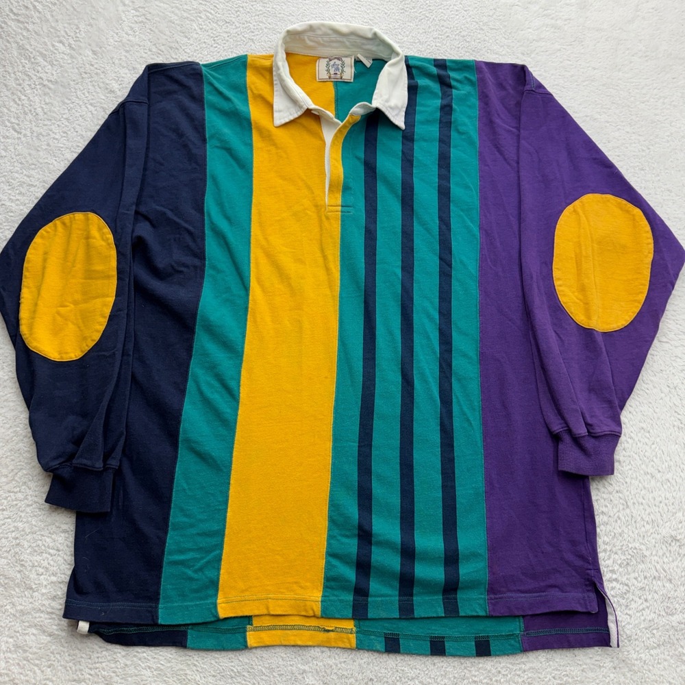 Vintage Sears Roebuck Multi-Color Striped Rugby Shirt XL-Tall Elbow Patches